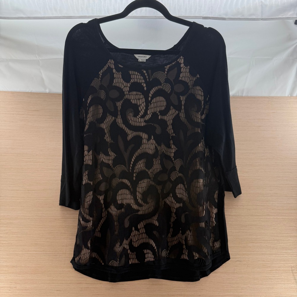 sweetGREY Womens Black Tan Lace‎ Overlay 3/4 Sleeve Raglan Top Size LG Romantic
